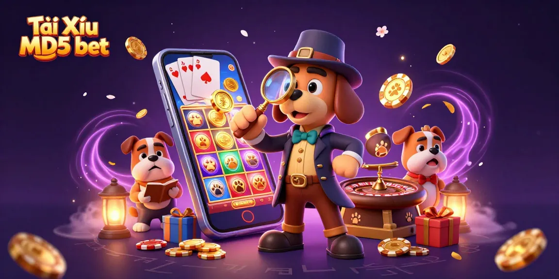 Tài Xỉu MD5 bet reveals a detective examining poker chips amidst a vibrant casino scene.