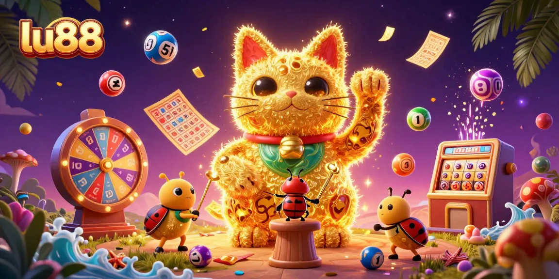 Engage with lu88's vibrant 3D illustration featuring dynamic casino elements and lucky symbols.