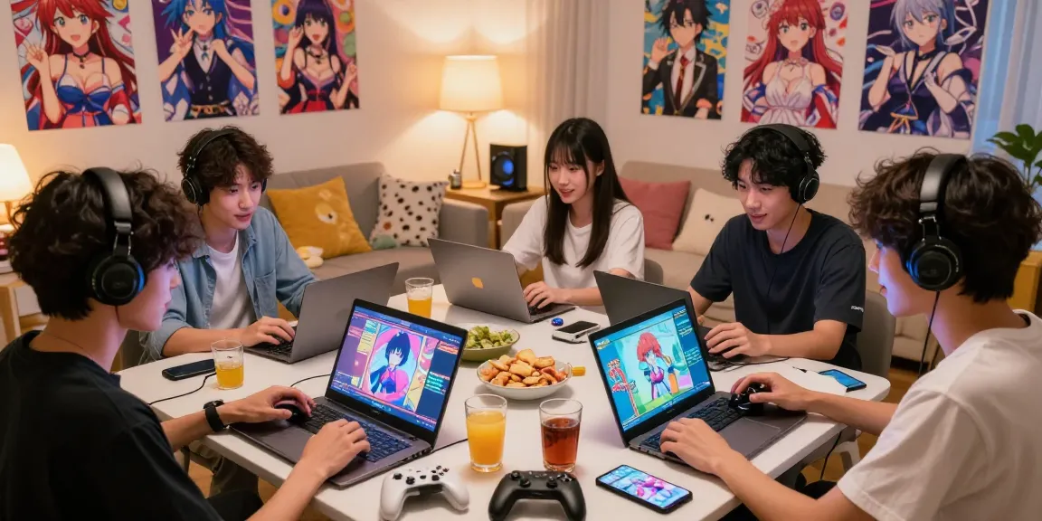 Group enjoying free ecchi games on laptops and tablets in a cozy living room setting, vibrant gaming atmosphere.