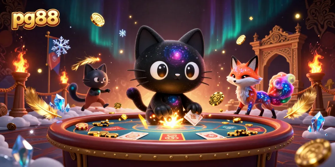 Engage with PG88 at a cosmic casino table, where vibrant characters and gaming elements create a thrilling experience.
