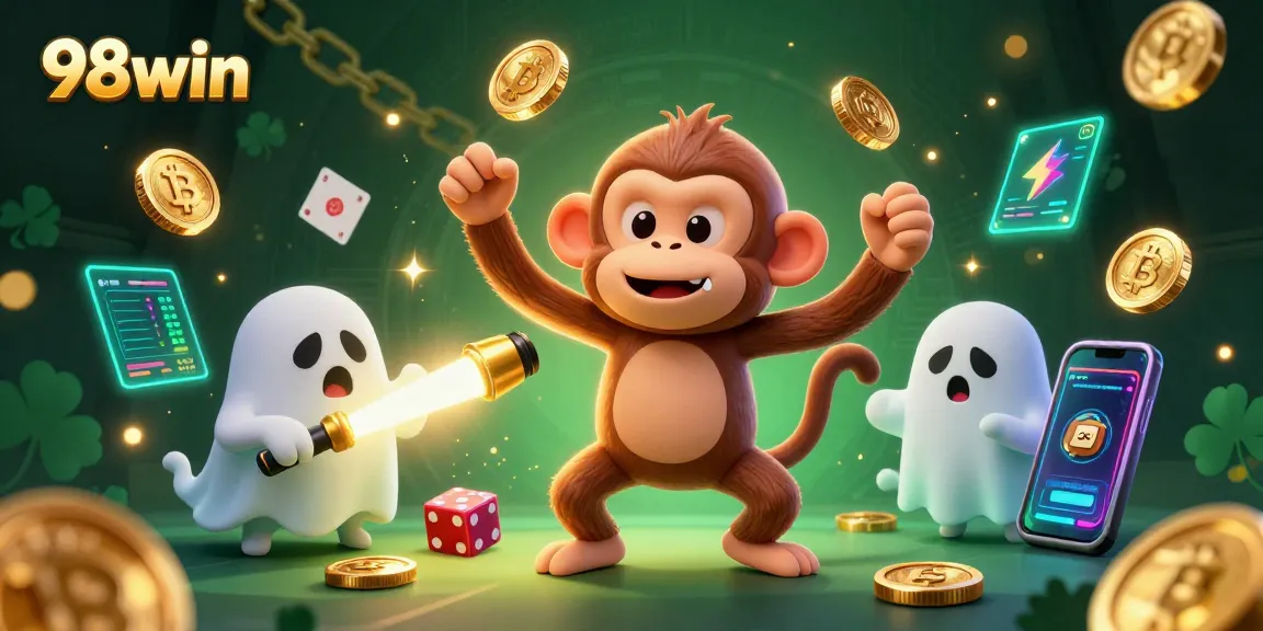 Engage with the exciting world of 98win gambling featuring animated characters juggling gold while tracking crypto!