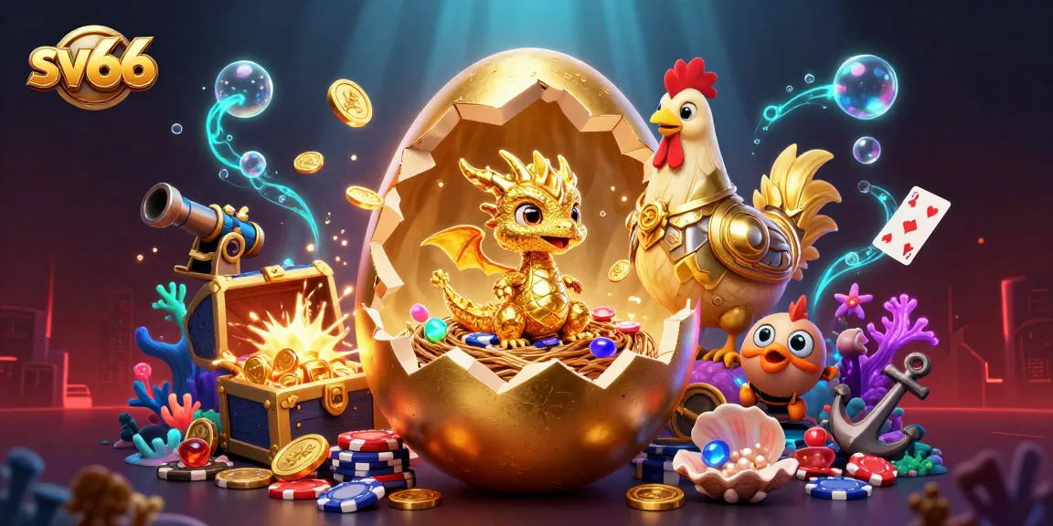Experience sv66's dynamic gaming world with crystal gold dragon, poker chips, and lively casino elements.