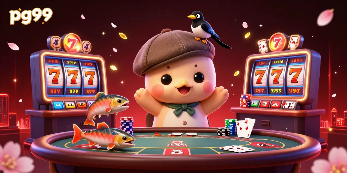 Engage with pg99's vibrant 3D casino scene featuring games and playful characters in action.