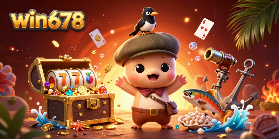 Win678 showcases playful characters in a vibrant casino scene with slot reels and treasure.